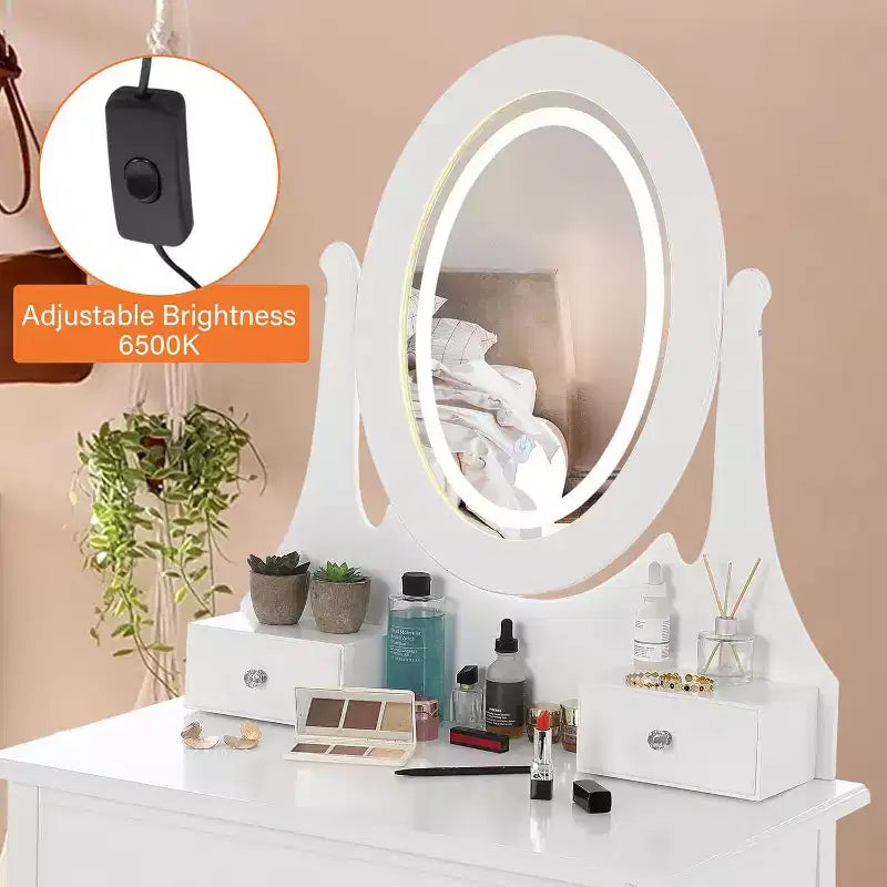 Scrivania da trucco con specchio e luci, tavolino da trucco in legno con specchio ovale e sgabello