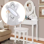 Scrivania da trucco con specchio e luci, tavolino da trucco in legno con specchio ovale e sgabello