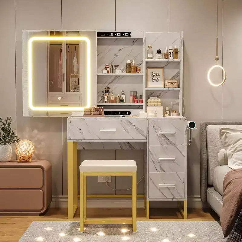 Scrivania Toeletta in Marmo Bianco con Specchio Illuminato, 3 Modalità Colore e Prese di Corrente