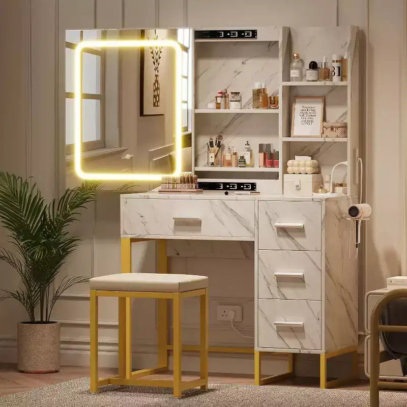 Scrivania Toeletta in Marmo Bianco con Specchio Illuminato, 3 Modalità Colore e Prese di Corrente