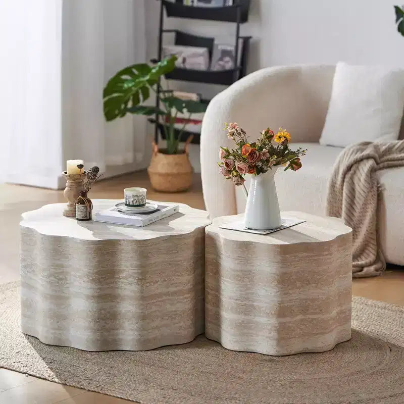 GDFStudio Arlen Modern 2 Piece Wooden Round Coffee Table with Wavy Edge