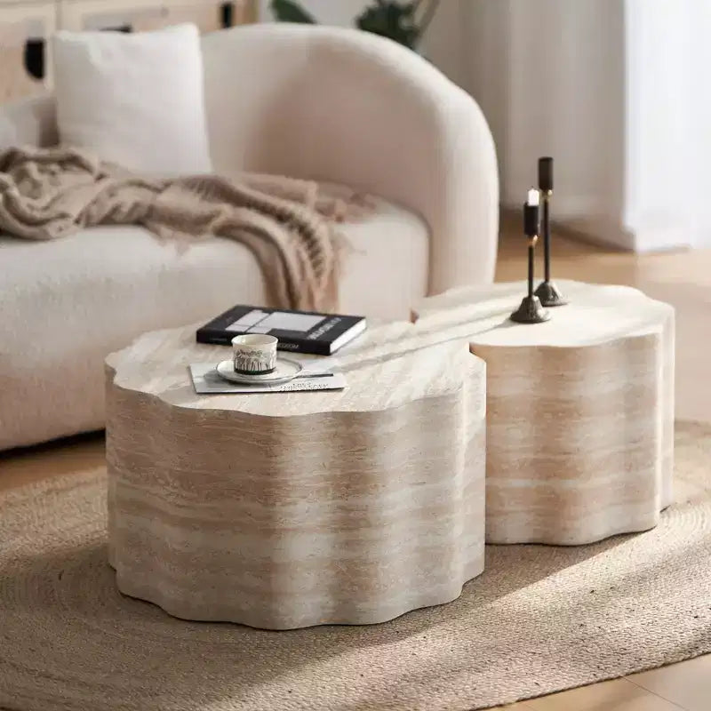 GDFStudio Arlen Tavolino da Caffè Rotondo Moderno in Legno a 2 Pezzi con Bordo Ondulato