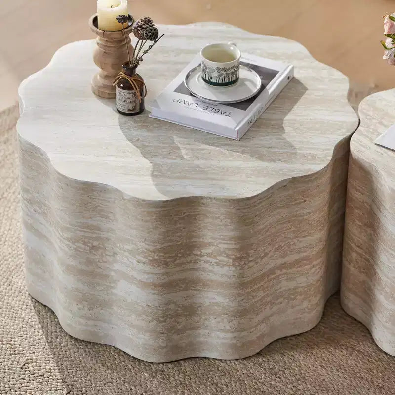 GDFStudio Arlen Tavolino da Caffè Rotondo Moderno in Legno a 2 Pezzi con Bordo Ondulato