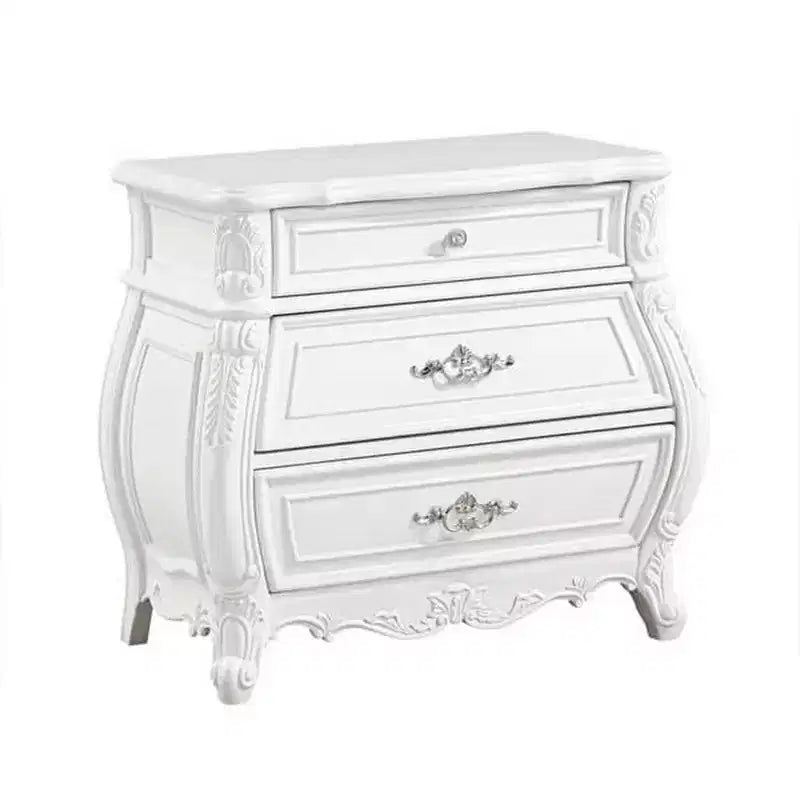 Comodino Royal Hampton, 3 cassetti, legno massello bianco, maniglie in metallo, 79 cm