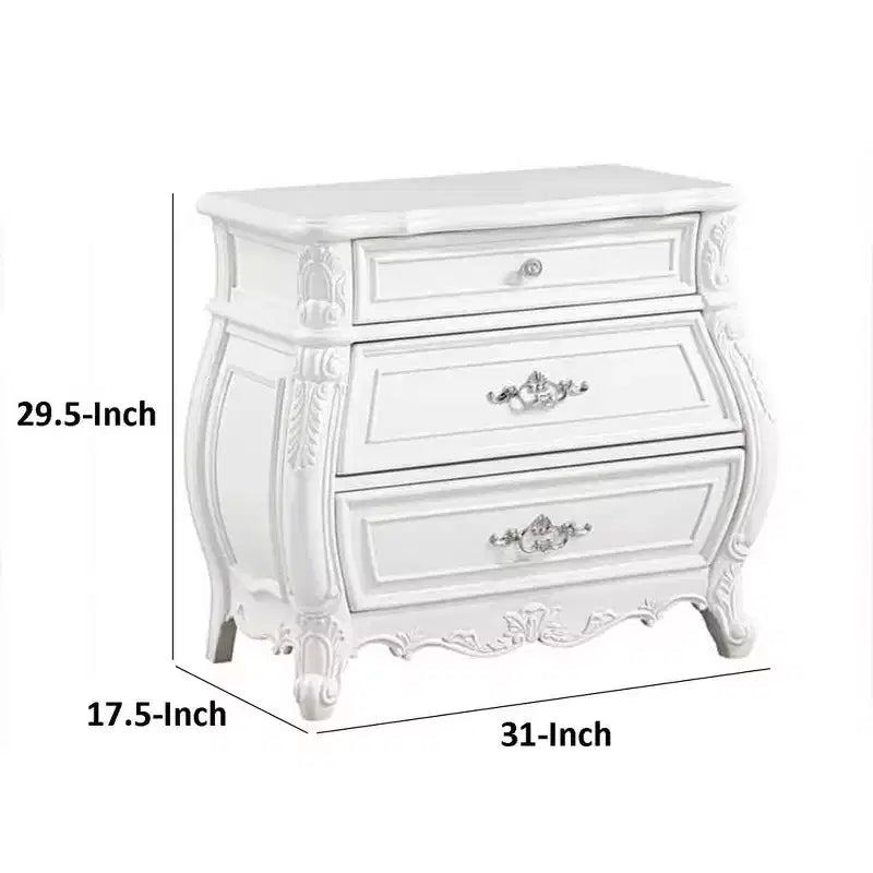 Comodino Royal Hampton, 3 cassetti, legno massello bianco, maniglie in metallo, 79 cm
