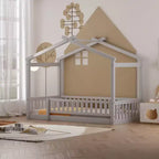 Struttura letto in legno per materasso singolo/una piazza e mezza, lettino a forma di casetta con recinzione per bambini/e, ragazzi/e