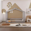 Twin/Full Wood Floor Bed Frame, House-Shaped Bed Daybed with Fence for Kids Teens Girls Boys