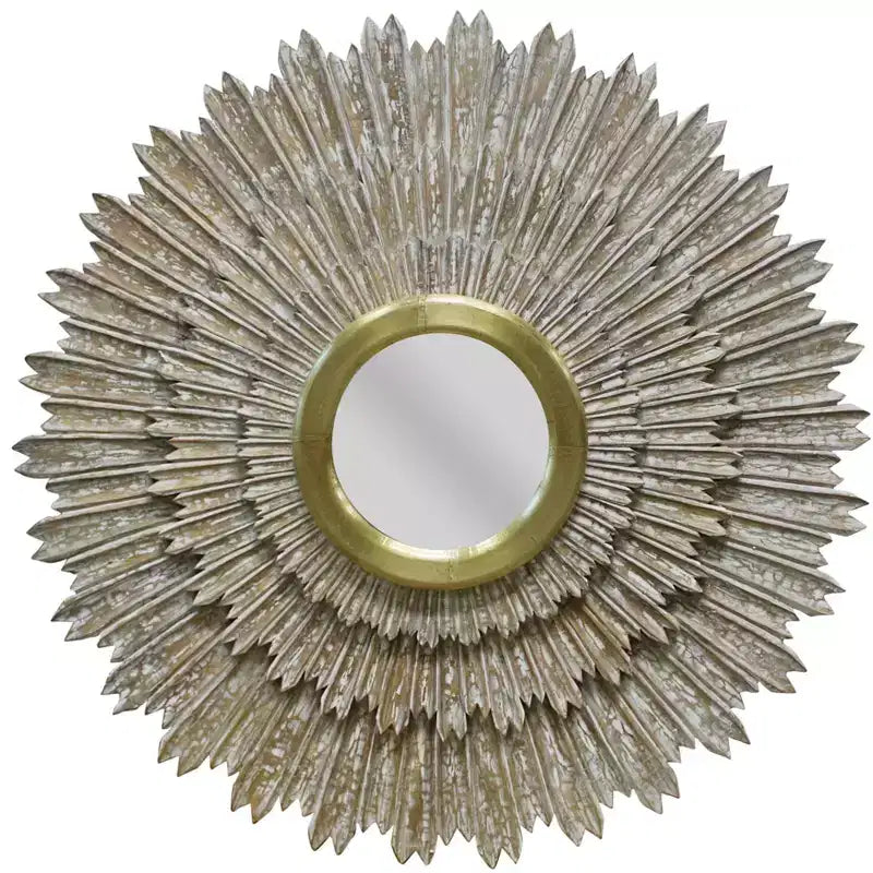 HomeRoots 44 Antiqued Gold Sunburst Wood and Metal Framed Accent Mirror