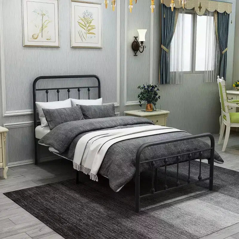Okak Twin Size Bed Frame, Metal Platform Bed Frame with Headboard and Strong Slat Support for Bedroom, Living Room, Black