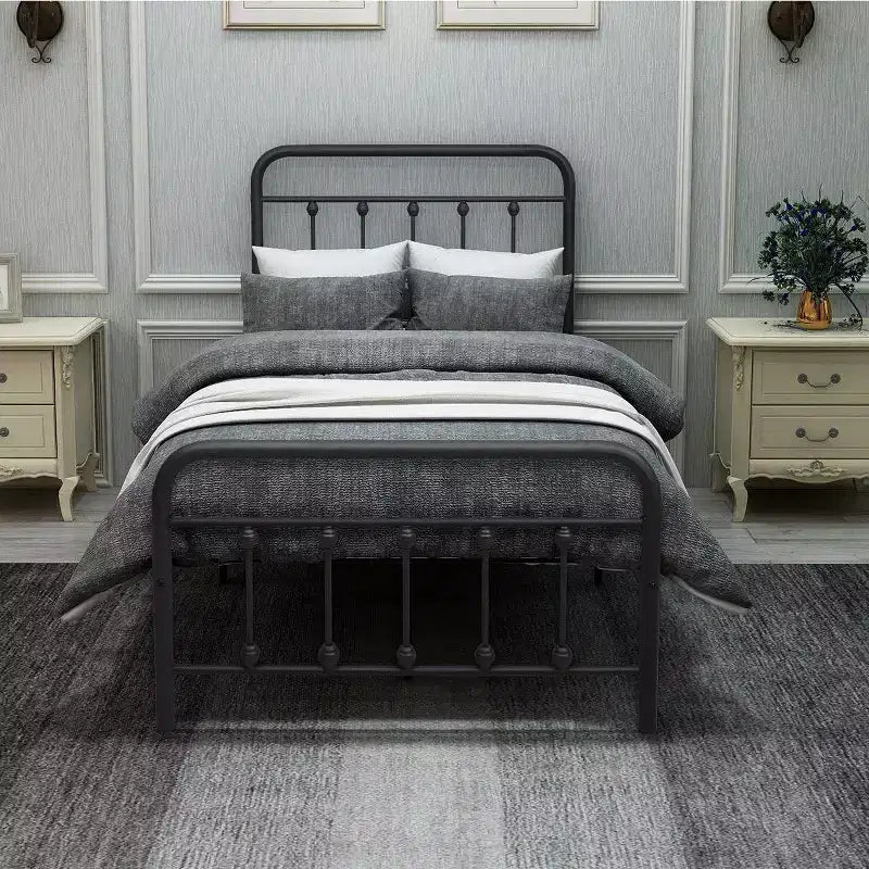 Telaio letto singolo Okak, telaio letto a piattaforma in metallo con testiera e robusto supporto a doghe per camera da letto, soggiorno, nero