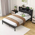 Okak Full Size Bed Frame with Storage Headboard, Metal Platform Bed with Charging Station, Bookcase Storage for Bedroom, Black