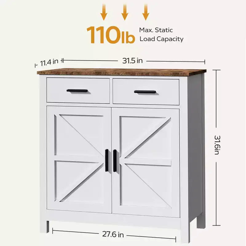 Una credenza da cucina in stile rustico moderno con due cassetti e due ante per riporre gli oggetti; può anche fungere da mobile bar indipendente.