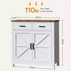 Una credenza da cucina in stile rustico moderno con due cassetti e due ante per riporre gli oggetti; può anche fungere da mobile bar indipendente.