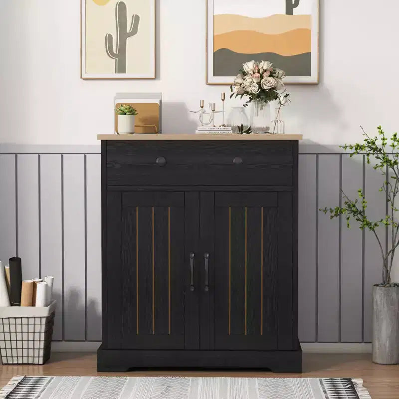 Mobile dispensa nero moderno con 2 ante e cassetto, mobiletto contenitore con ripiano regolabile, credenza da bar in legno per soggiorno