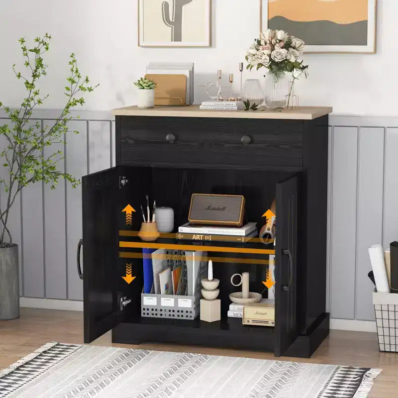Mobile dispensa nero moderno con 2 ante e cassetto, mobiletto contenitore con ripiano regolabile, credenza da bar in legno per soggiorno