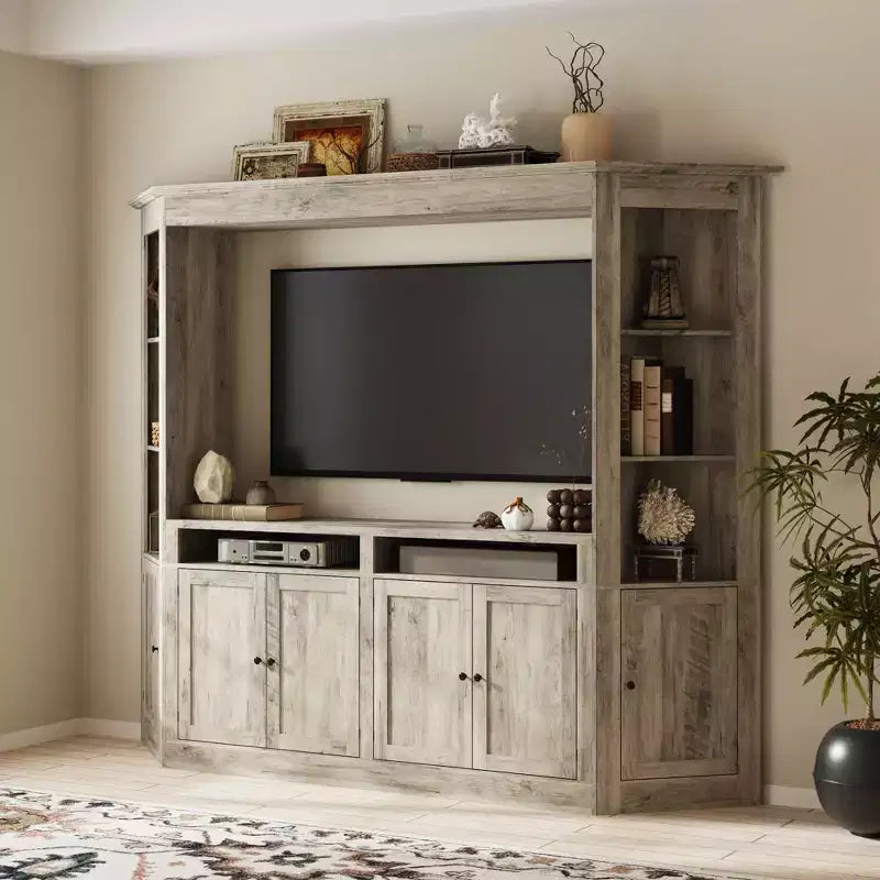 Famapy Gray TV Entertainment Center with Multi-Storage Shelves,Large Display Bookcase Cabinets,Fits TVs Up to 70,Living Room Media Hub