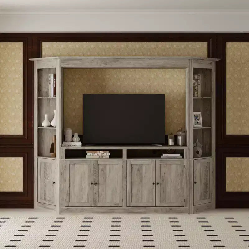 Mobile TV Famapy grigio con ripiani multi-contenitore, librerie e armadietti grandi, adatto per TV fino a 70 pollici, centro multimediale per soggiorno