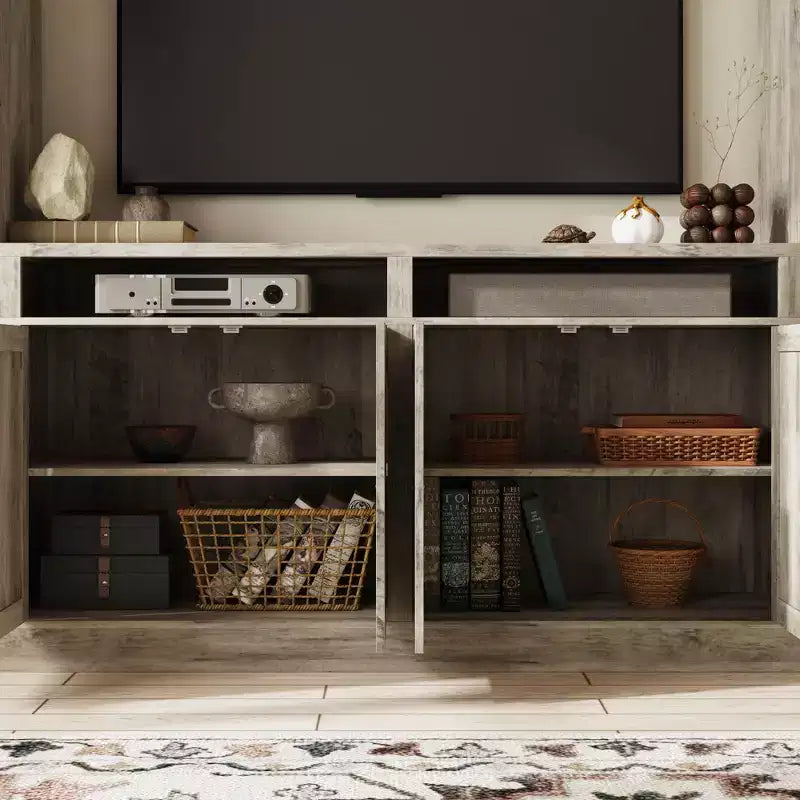 Mobile TV Famapy grigio con ripiani multi-contenitore, librerie e armadietti grandi, adatto per TV fino a 70 pollici, centro multimediale per soggiorno