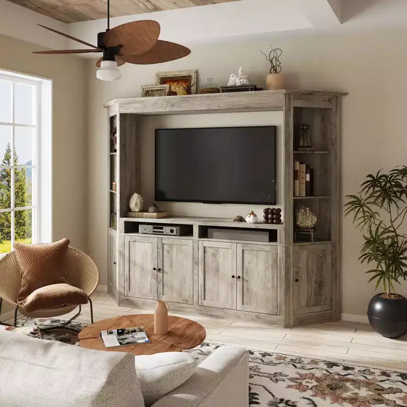 Mobile TV Famapy grigio con ripiani multi-contenitore, librerie e armadietti grandi, adatto per TV fino a 70 pollici, centro multimediale per soggiorno