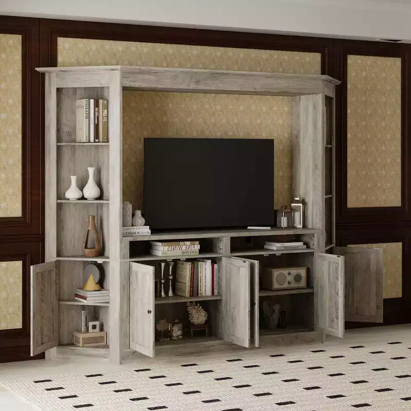 Mobile TV Famapy grigio con ripiani multi-contenitore, librerie e armadietti grandi, adatto per TV fino a 70 pollici, centro multimediale per soggiorno