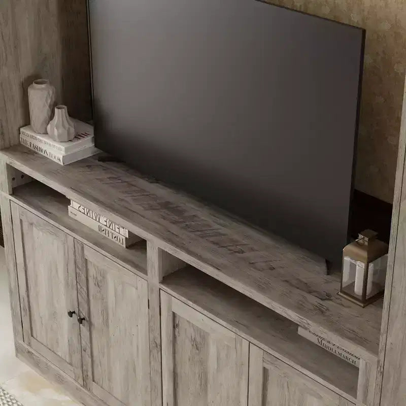 Mobile TV Famapy grigio con ripiani multi-contenitore, librerie e armadietti grandi, adatto per TV fino a 70 pollici, centro multimediale per soggiorno
