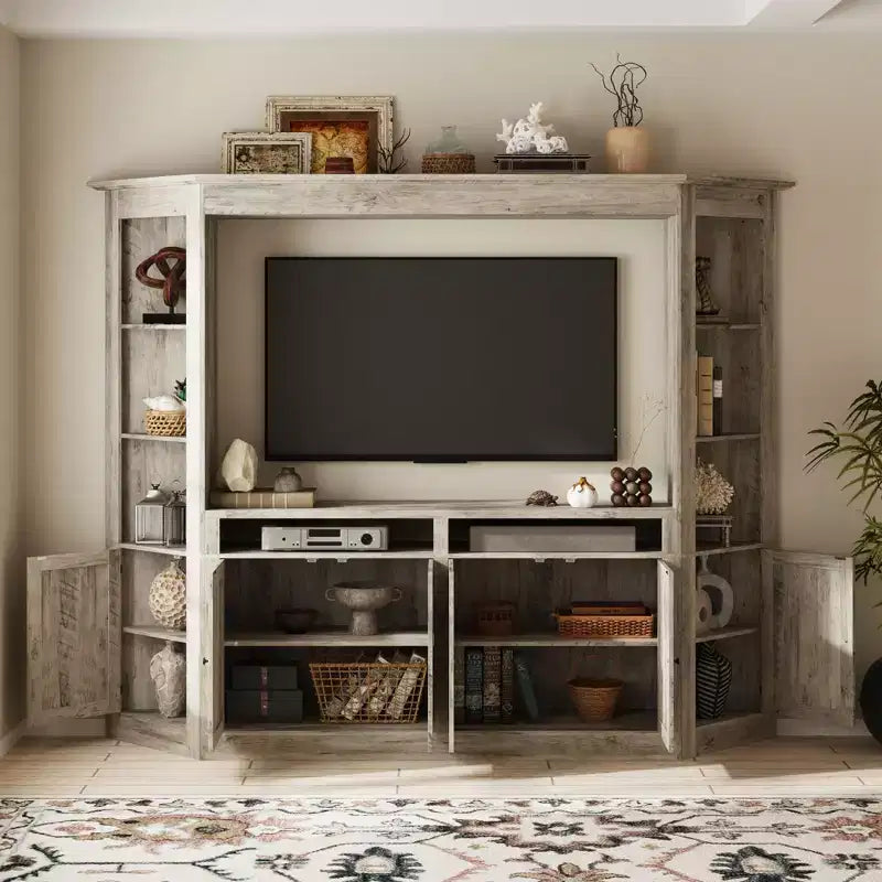 Mobile TV Famapy grigio con ripiani multi-contenitore, librerie e armadietti grandi, adatto per TV fino a 70 pollici, centro multimediale per soggiorno