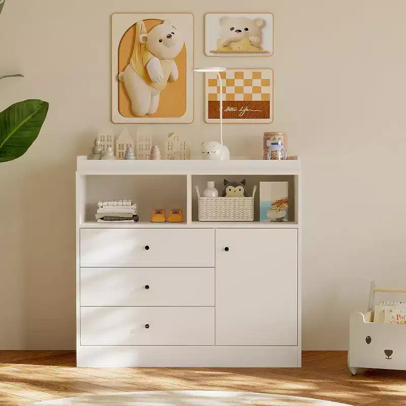 Comò fasciatoio per neonati 3 in 1, cassettiera per cameretta in legno con 3 cassetti e armadietto per vestiti e pannolini