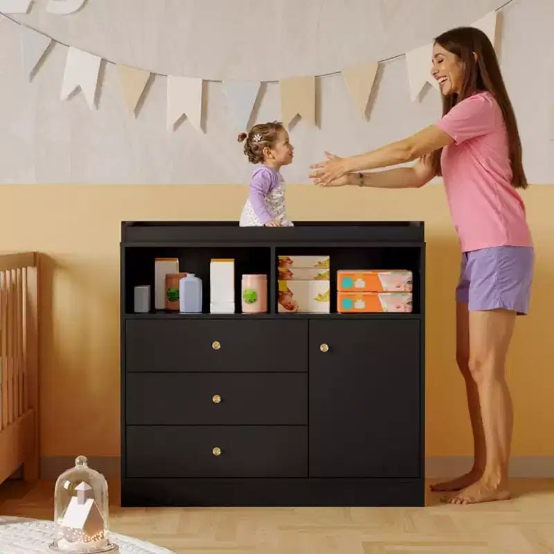 Comò fasciatoio per neonati 3 in 1, cassettiera per cameretta in legno con 3 cassetti e armadietto per vestiti e pannolini