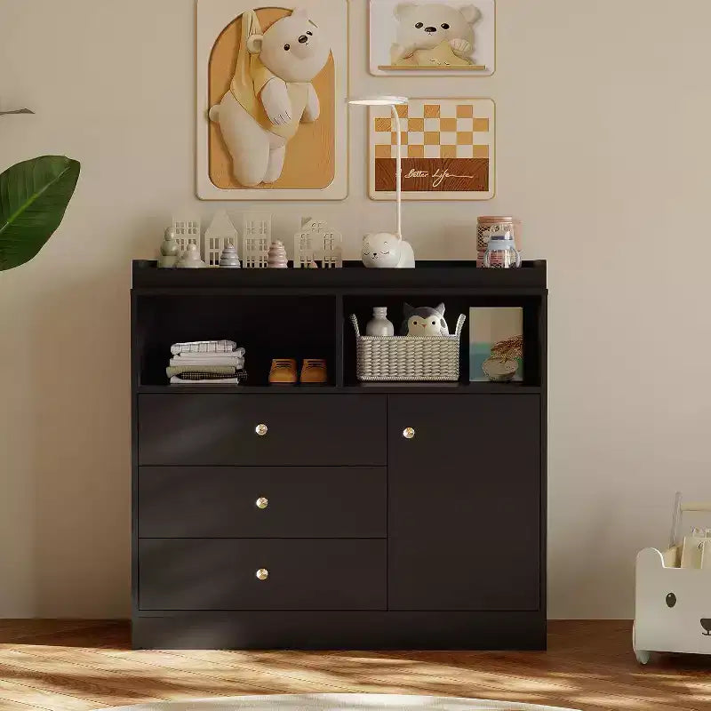 Comò fasciatoio per neonati 3 in 1, cassettiera per cameretta in legno con 3 cassetti e armadietto per vestiti e pannolini