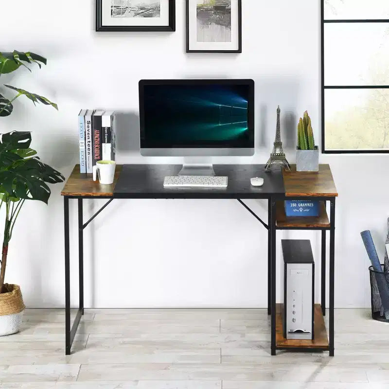 FurnitureR Scrivania per computer da 120 cm con ripiani laterali, scrivania da gaming in stile industriale con struttura in metallo, workstation per ufficio domestico con spazio di archiviazione per PC, laptop