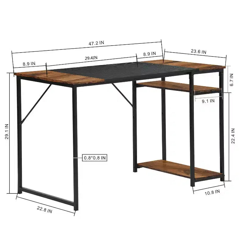 FurnitureR Scrivania per computer da 120 cm con ripiani laterali, scrivania da gaming in stile industriale con struttura in metallo, workstation per ufficio domestico con spazio di archiviazione per PC, laptop