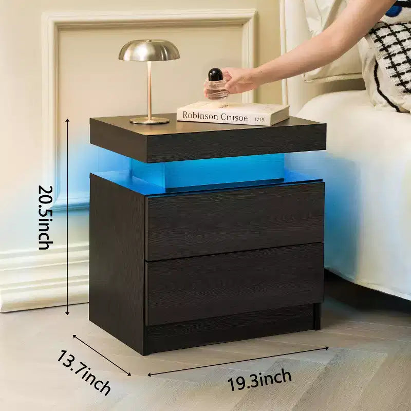 Comodino da notte con LED, luci a armadietto, comodino moderno con 2 cassetti per camera da letto (Venatura del legno nera)