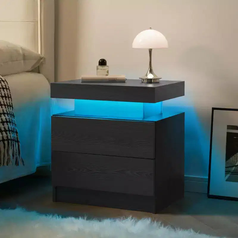 Comodino da notte con LED, luci a armadietto, comodino moderno con 2 cassetti per camera da letto (Venatura del legno nera)