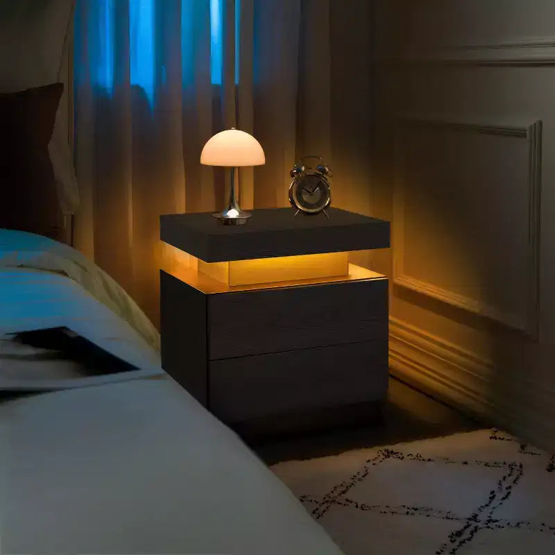 Comodino da notte con LED, luci a armadietto, comodino moderno con 2 cassetti per camera da letto (Venatura del legno nera)