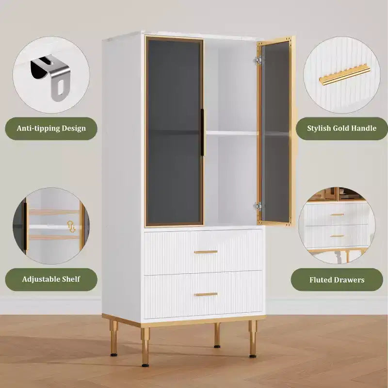 GustoWave Dispensa Autoportante con Ante in Vetro e Cassetti - Mobile Contenitore Moderno da Cucina con Dettagli Dorati per Sala da Pranzo, Ufficio