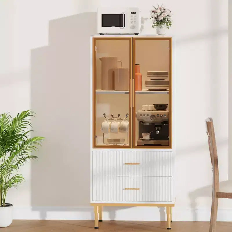 GustoWave Dispensa Autoportante con Ante in Vetro e Cassetti - Mobile Contenitore Moderno da Cucina con Dettagli Dorati per Sala da Pranzo, Ufficio