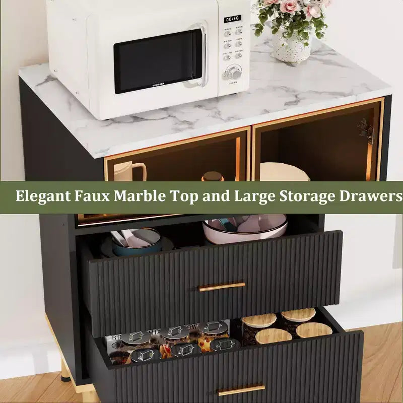 GustoWave Dispensa Autoportante con Ante in Vetro e Cassetti - Mobile Contenitore Moderno da Cucina con Dettagli Dorati per Sala da Pranzo, Ufficio