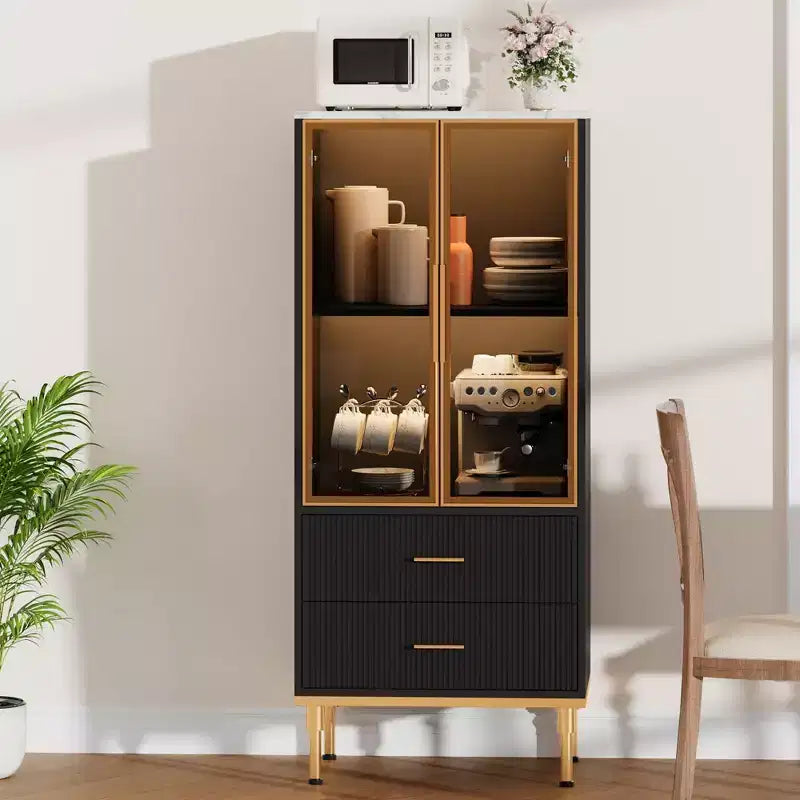 GustoWave Dispensa Autoportante con Ante in Vetro e Cassetti - Mobile Contenitore Moderno da Cucina con Dettagli Dorati per Sala da Pranzo, Ufficio