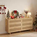 Homy Casa 6 Drawer Rattan Storage Cabinet with Wood Frame and Brass Handles, Natural Oak