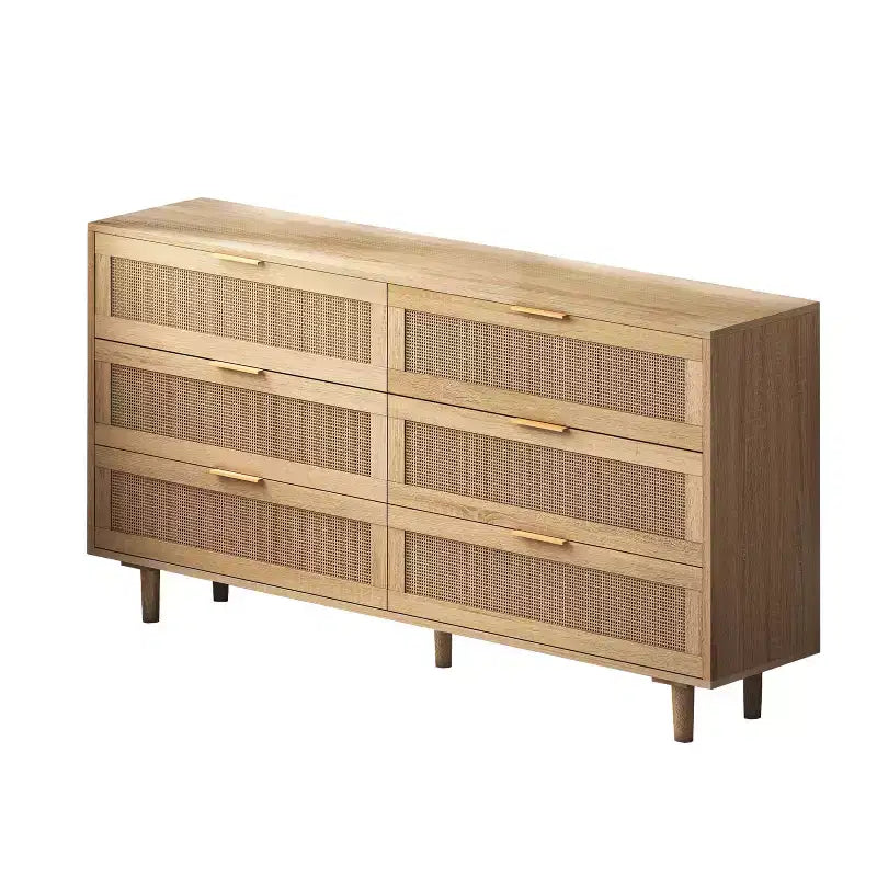 Homy Casa Cassettiera a 6 cassetti in rattan con struttura in legno e maniglie in ottone, rovere naturale