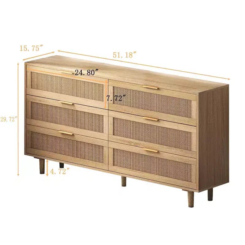 Homy Casa Cassettiera a 6 cassetti in rattan con struttura in legno e maniglie in ottone, rovere naturale