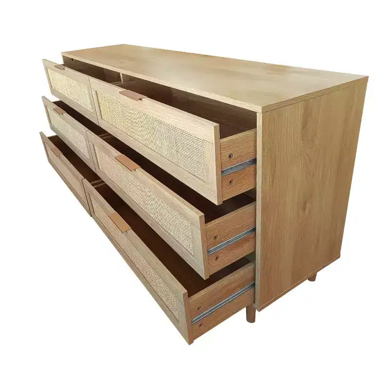 Homy Casa Cassettiera a 6 cassetti in rattan con struttura in legno e maniglie in ottone, rovere naturale