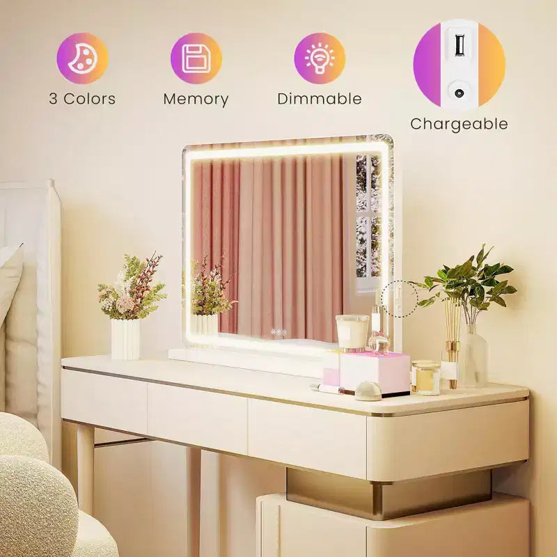 Okak Specchio da Trucco da Tavolo con 3 Modalità di Colore Dimmerabili, Specchio da Bagno con Luce LED e Controllo Touch Screen, Bianco