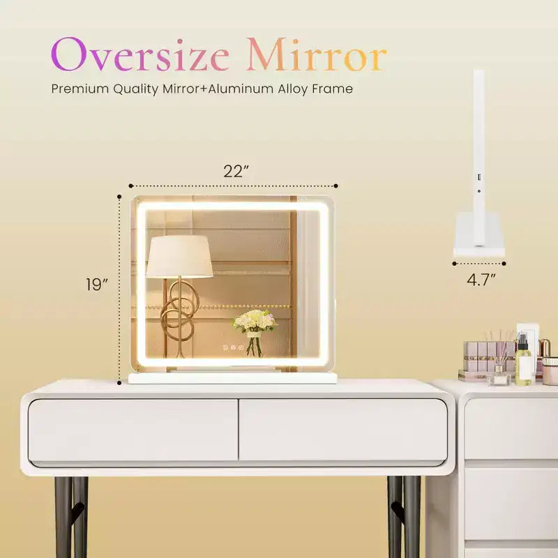 Okak Specchio da Trucco da Tavolo con 3 Modalità di Colore Dimmerabili, Specchio da Bagno con Luce LED e Controllo Touch Screen, Bianco