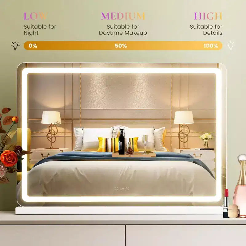 Okak Specchio da Trucco da Tavolo con 3 Modalità di Colore Dimmerabili, Specchio da Bagno con Luce LED e Controllo Touch Screen, Bianco