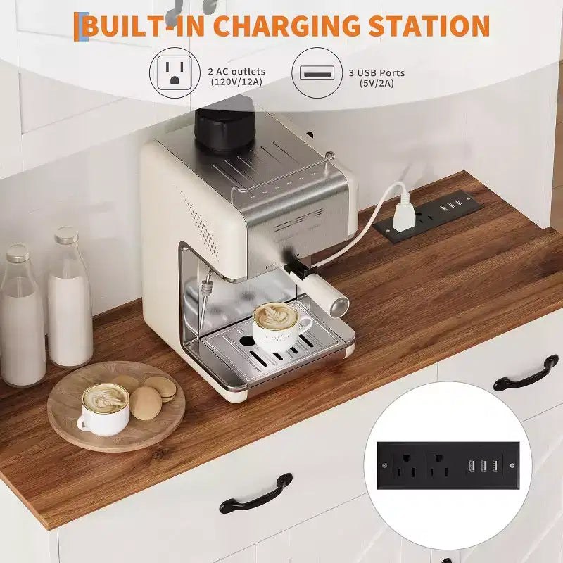 71 Dispensa con Stazione di Ricarica, Mobile Dispensa da Cucina con Cassetti e Piano di Lavoro, Mobile Dispensa da Cucina Stile Rustico