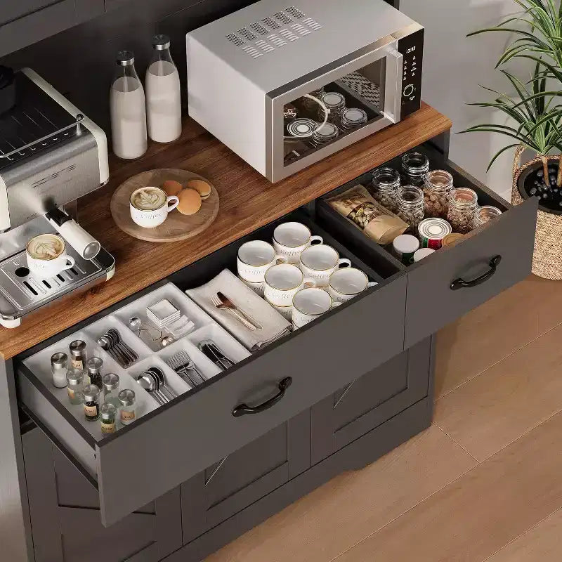 71 Dispensa con Stazione di Ricarica, Mobile Dispensa da Cucina con Cassetti e Piano di Lavoro, Mobile Dispensa da Cucina Stile Rustico