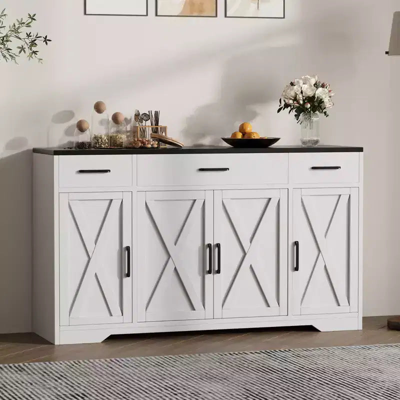Credenza a 4 ante, mobile contenitore moderno in stile fattoria, credenza grande e moderna in legno in stile fattoria