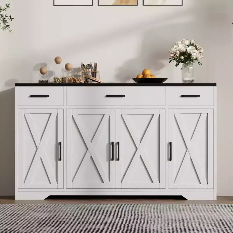 Credenza a 4 ante, mobile contenitore moderno in stile fattoria, credenza grande e moderna in legno in stile fattoria