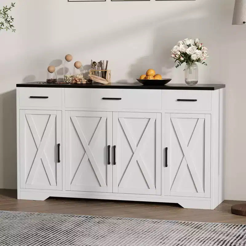 Credenza a 4 ante, mobile contenitore moderno in stile fattoria, credenza grande e moderna in legno in stile fattoria